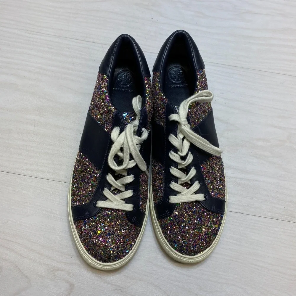 Tory‎ Burch Carter Sneakers Womens Size 10M Black Glitter Embellished Lace-up
